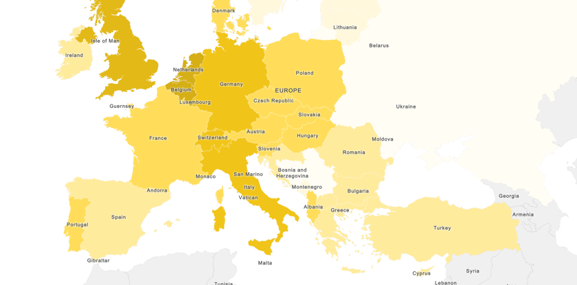 Shaded map of European Statistics by European Countries for European Statistics 2014, Population Density (per Sq.Km)