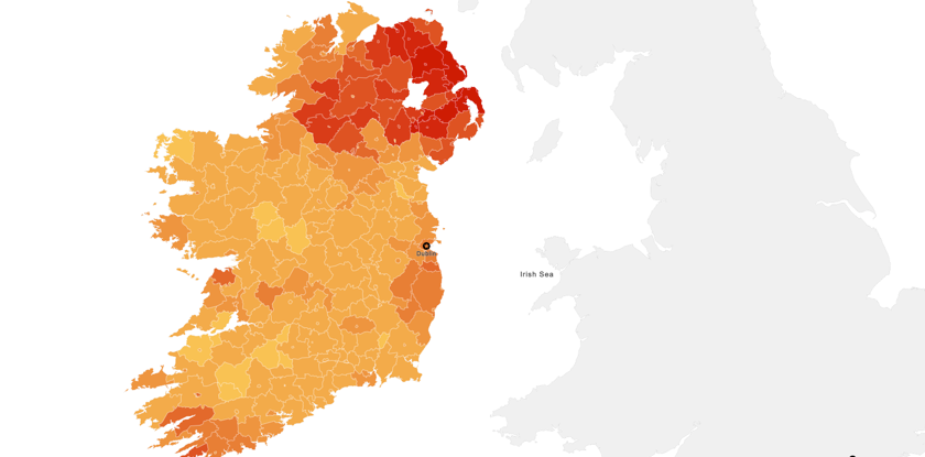 Shaded map of Ireland Religion Data by District for Ireland Religion - 2001 -2002 URD, Total Population