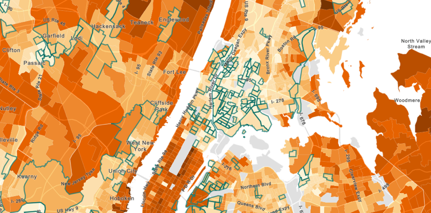 Shaded map with U.S. Opportunity Zones by Tract for ACS 2017, Median Household Income.