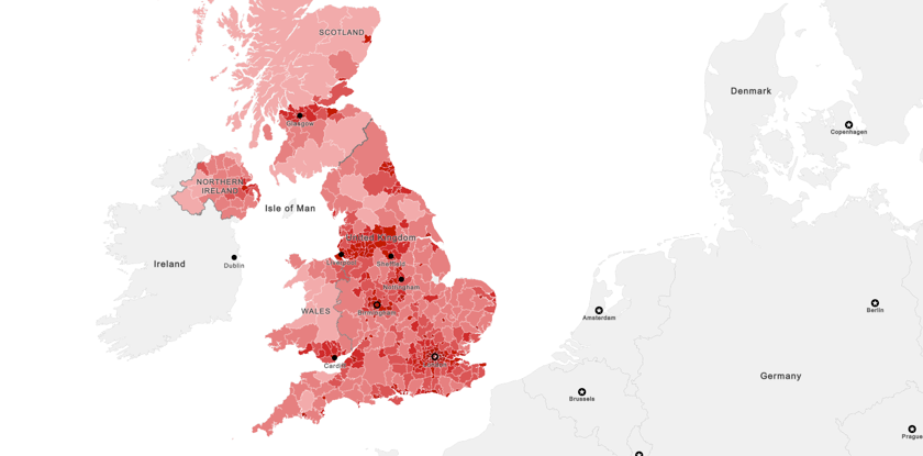 Shaded map of UK Census 2011 by Local Authority for UK Census 2011, Density (Number of Persons per Sq.Kilometers