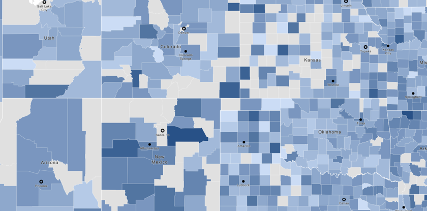 Shaded map of U.S. Crime Data by county for FBI Crime Data 2015, Total Violent and Property Crime.